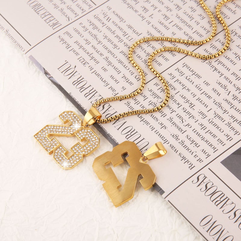 AsAlways 18K Gold Plated Cubic Zirconia Number 23 Basketball Pendant Necklace Men Women Stainless Steel Box Link Chain 22+2 Inch (Golden 23) - Image 4